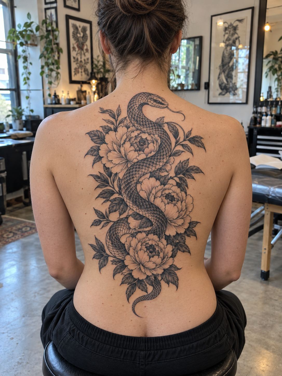 A photo of a snake and peony tattoo on a person's back