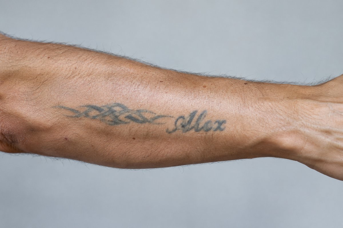 A faded tribal band and a name tattooed on a forearm