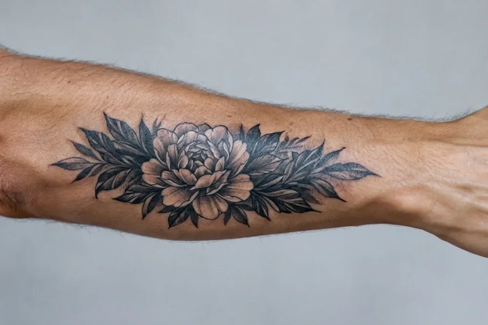 The same forearm with a black and grey peony covering the old tattoo