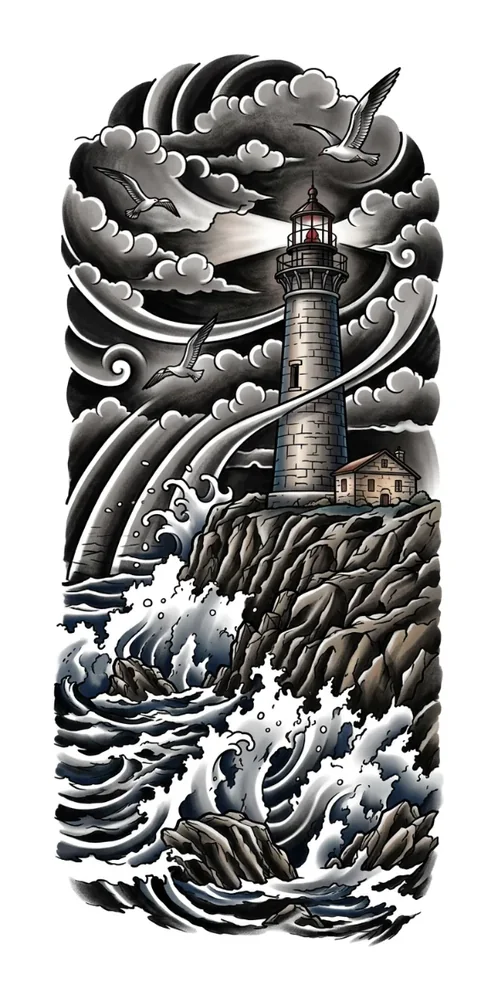 The same lighthouse redrawn in Japanese style with waves and wind bars